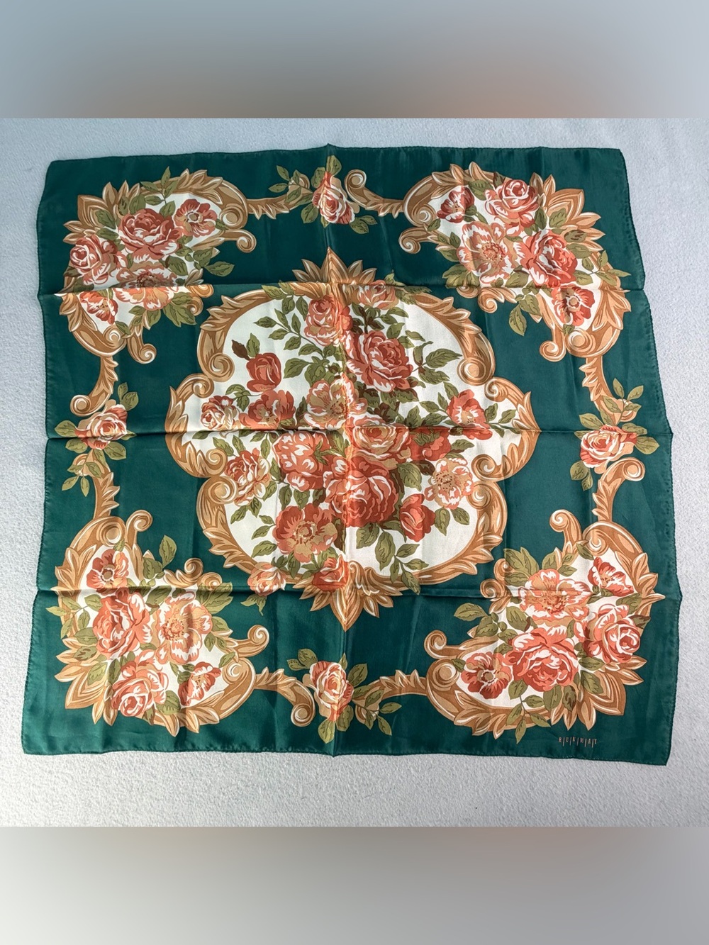 Runway Vintage Green Square Rose Floral Baroque Boho Feminine 28x28 Scarf